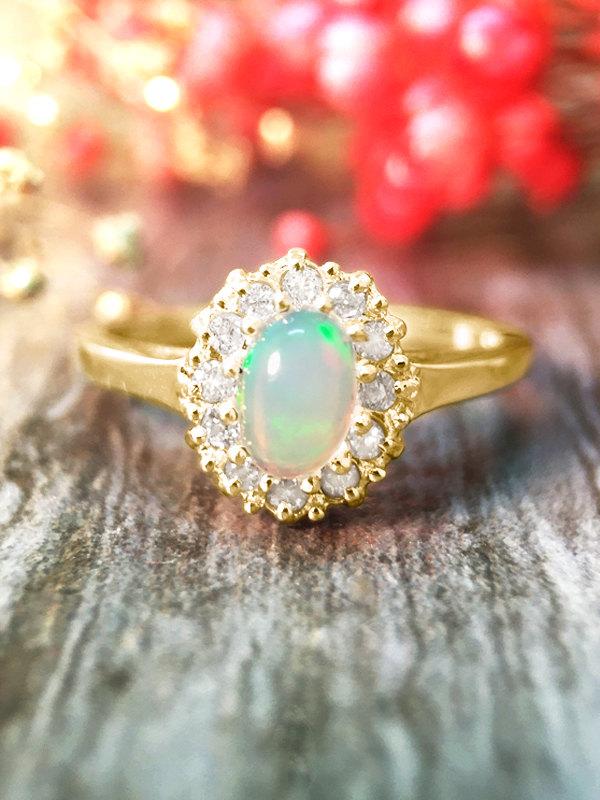 زفاف - Opal and Diamond Halo Engagement <Prong> Solid 14K Yellow Gold (14KY) Affordable Colored Stone Wedding Ring *Fine Jewelry* (Free Shipping)