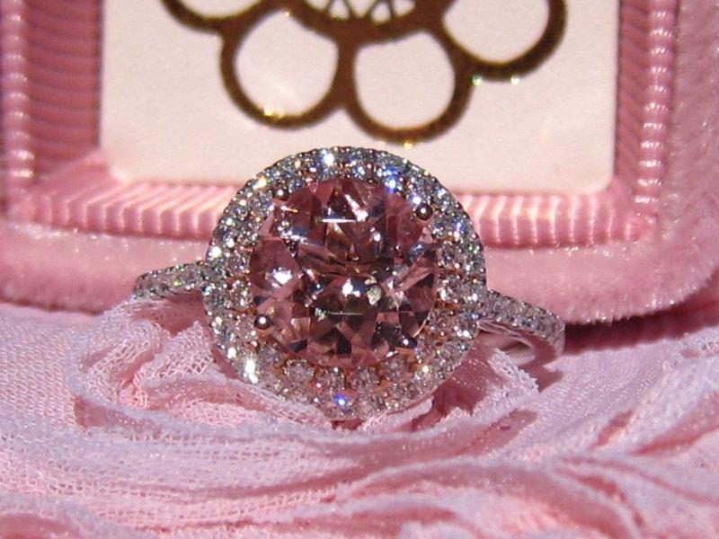 زفاف - Peachy Pink Morganite Engagement Ring, White and Rose Gold Double Diamond Halo Engagement Ring