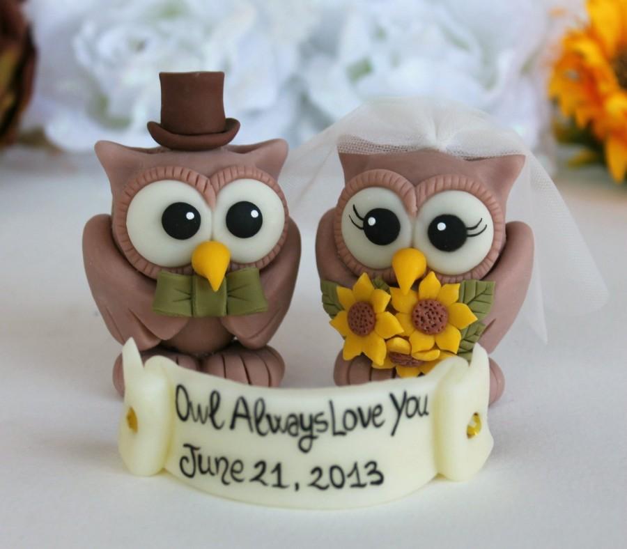 Wedding - Rustic wedding cake topper - custom wedding owl cake topper - owl always love you - vintage sunflower wedding