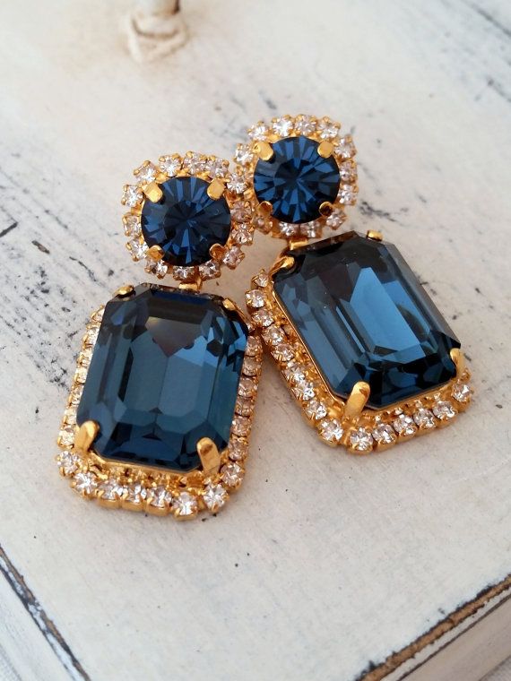 زفاف - Navy Blue Chandelier Earrings, Drop Earrings, Dangle Earrings, Bridal Earrings, Deep Blue Swarovski Earrings, Gold Or Silver