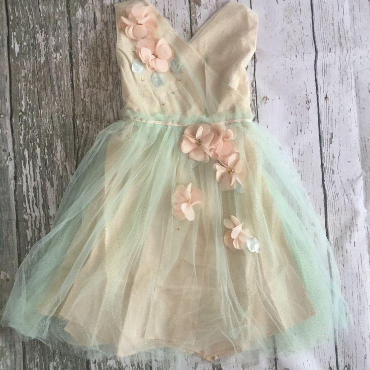 زفاف - The "Heather" Mint   Beige Flower Embellished Girls Dress