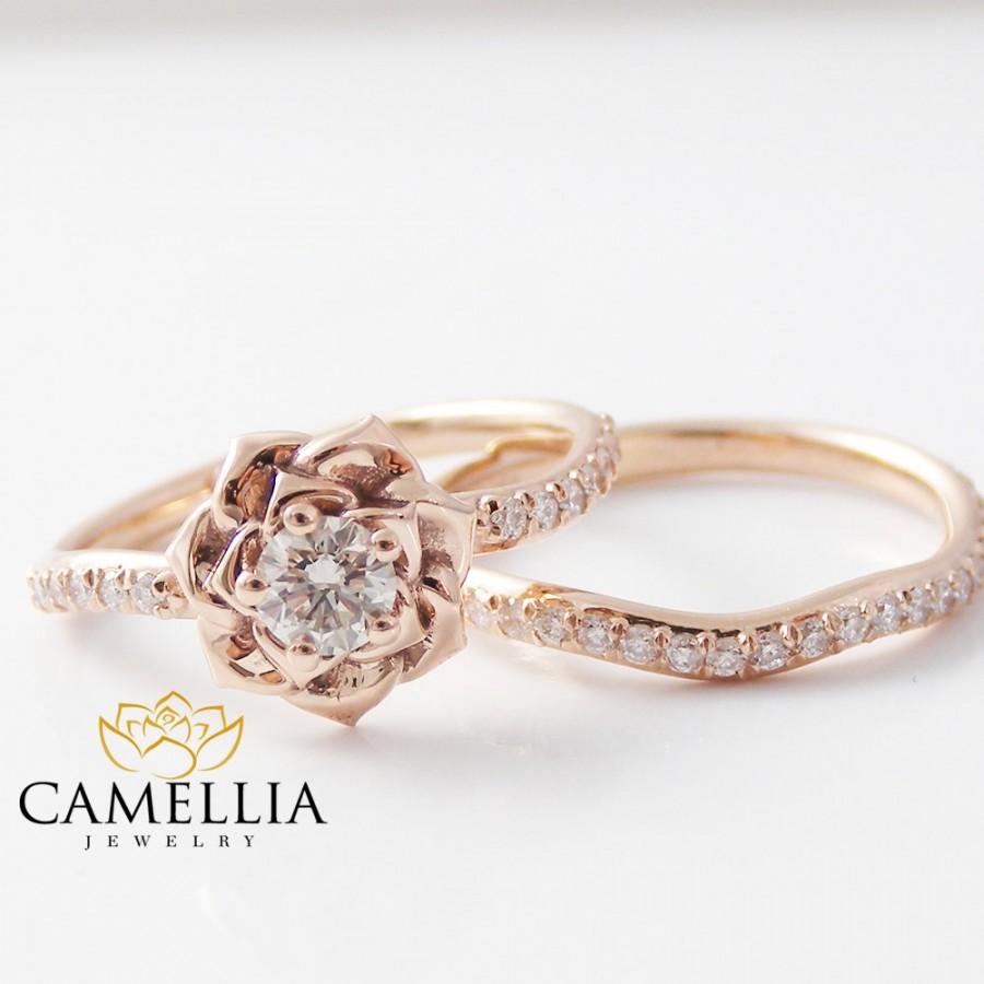 Свадьба - 14K Rose Gold Diamond Engagement Ring Set Rose Gold Flower Ring Flower Engagement Ring