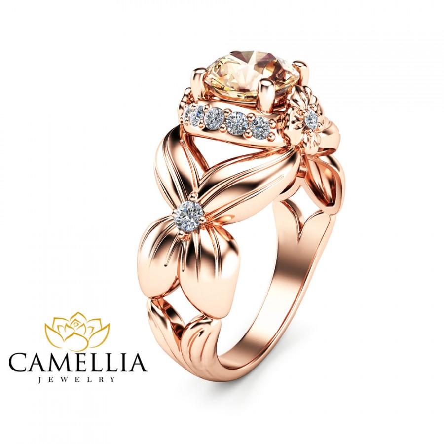 زفاف - Flower Design Morganite Engagement Ring 14K Rose Gold Morganite Ring Unique Floral Ring Art Deco Halo Ring Gemstone Engagement Ring