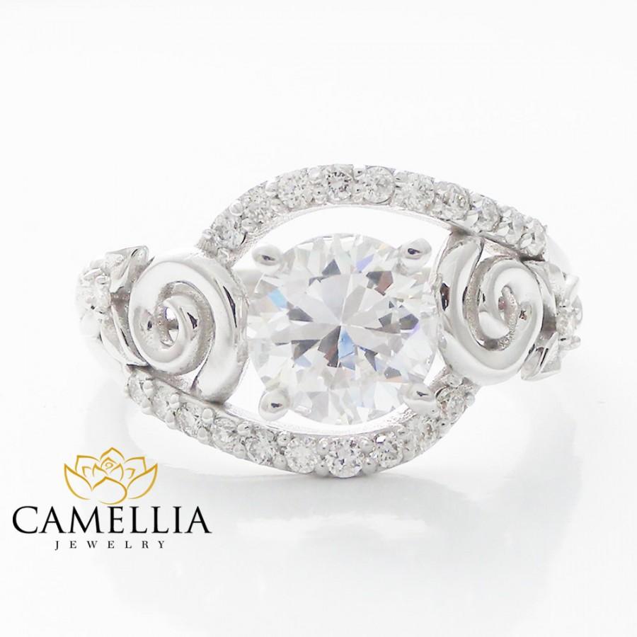زفاف - 14K White Gold Diamond Ring,Engagement rings,Leavs and Flower Ring,Unique Engagement Ring,Art Deco,Floral Ring,Nature Inspired Design.