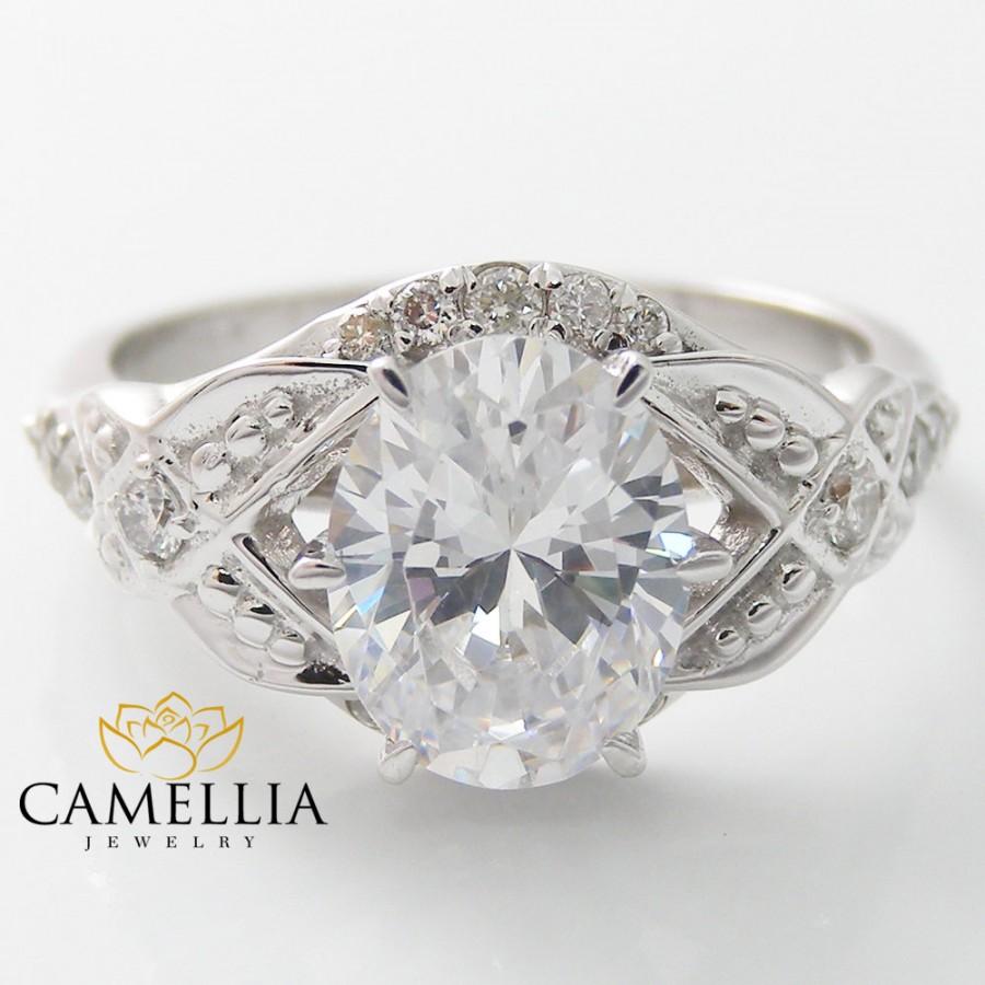 زفاف - Oval Diamond Engagement Ring 14K White Gold Unique Engagement Ring Halo Engagement Ring White Gold Diamond Ring