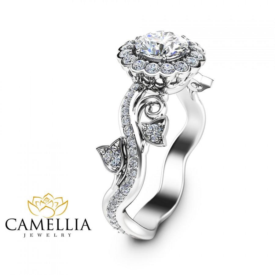 Wedding - 14K White Gold Diamond Engagement Ring Diamond Engagement Ring Unique Engagement Ring Leaf and Flower Engagement Ring