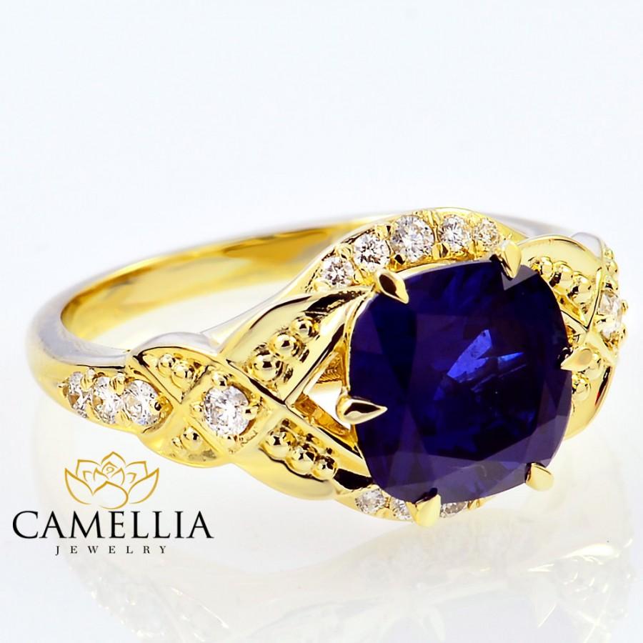 Hochzeit - Cushion Cut Sapphire Engagement Ring-14K Yellow Gold Vintage Engagement Ring-Cushion Cut Spphire Ring