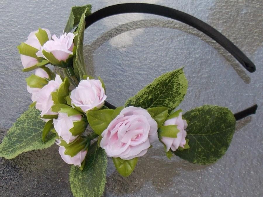 Hochzeit - Pale Pink Rose Spray Flower Headband, Rose Floral Crown with Green Leaves for Fairies, Flowergirls, or Festivals G16
