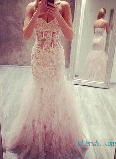 Wedding - H1610 sexy semi sheer lace mermaid wedding dress with ruffles