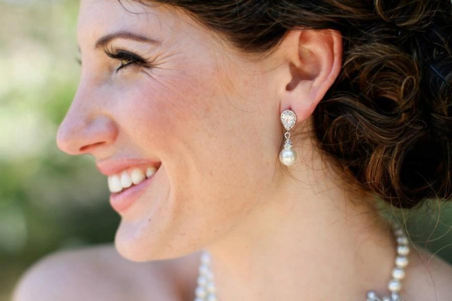 Hochzeit - Bridal Earrings,Bridal Rhinestone Earrings,Ivory or White Pearls, Cubic Zirconia, Bridal Pearl Earrings, Wedding Pearl Earrings,Stud, AUDREY