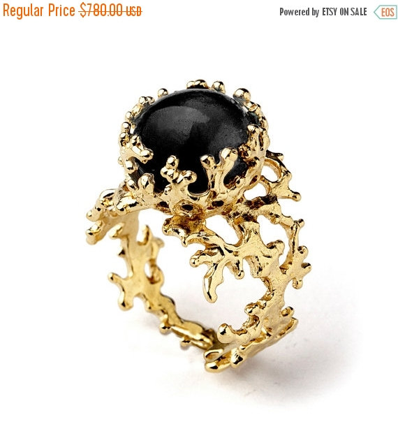 Wedding - ON SALE - CORAL 14k Gold Onyx Ring, Black Onyx Engagement Ring, Unique Gold Ring, Yellow Gold Gemstone Ring, Organic Gold Statement Ring