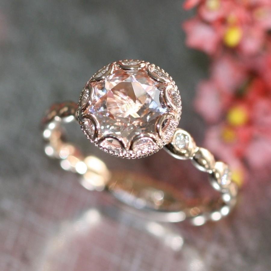 Mariage - Floral Morganite Engagement Ring in 14k Rose Gold Pebble Diamond Band 8mm Round Pinkish Peach Morganite Wedding Ring (Bridal Set Available)