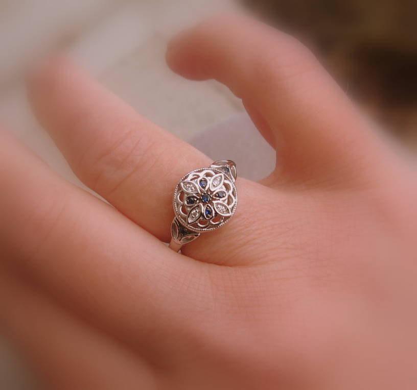 زفاف - Sale - Blue Sapphire Diamond Sterling Engagement Ring, Size 6