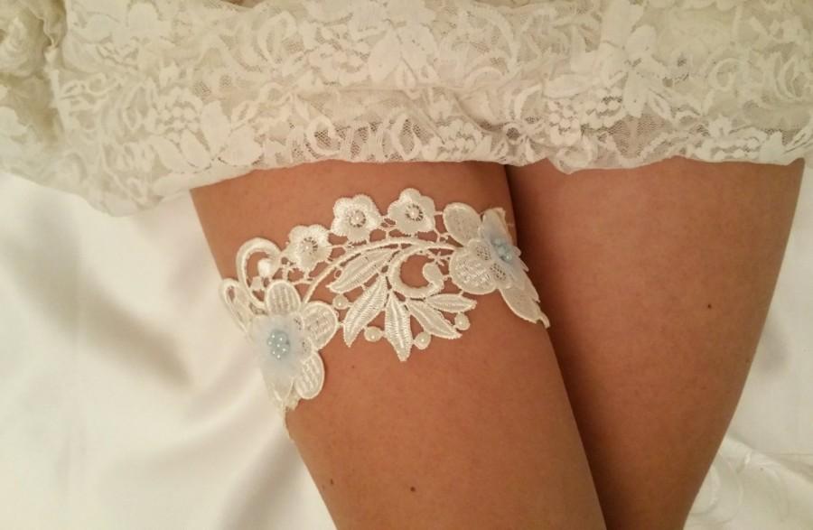 Hochzeit - Lace Wedding Garter, Bridal Garter, Wedding Garter, Light Blue Garter, Ivory Garter, Flower Garter, Vintage Style Garter, Pick Your Colors