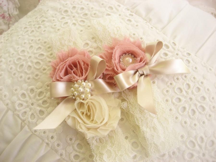 Hochzeit - Bridal Garter Heirloom Rose Wedding Garter Set with Toss Garter Heirloom Rose and Tea Stained Ivory with Rhinestones and Pearls
