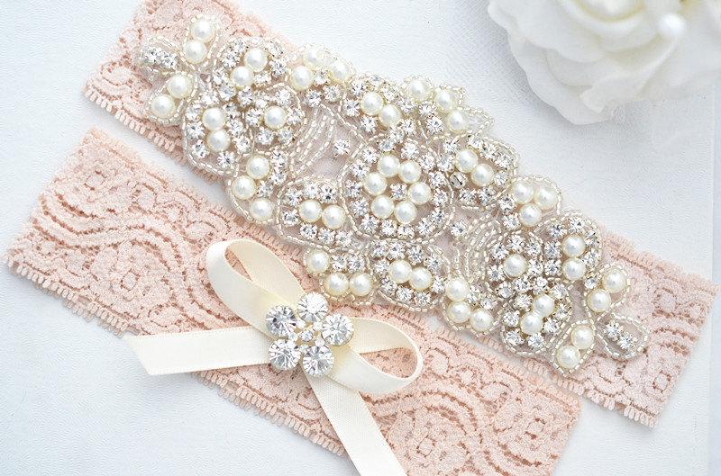 Hochzeit - NUDE SALE Crystal pearl Wedding Garter Set, Stretch Lace Garter, Rhinestone Crystal Bridal Garters