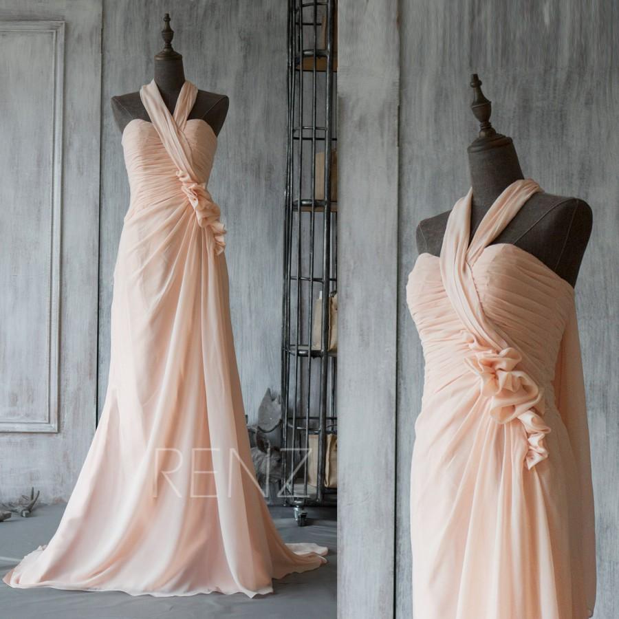 زفاف - 2016 Peach bridesmaid dress,Hand Flower Wedding dress,Halter Party dress, Long Rosette dress, Prom Dress Floor Length with a Train(F075)