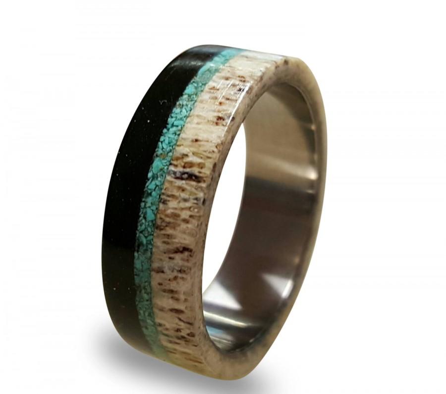 زفاف - Deer Antler and Ebony Wood Ring, Titanium Ring with Turquoise Inlay