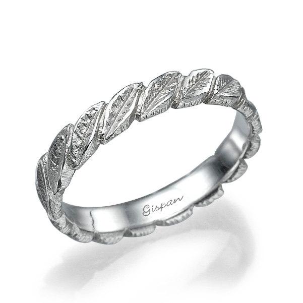 زفاف - Leaves Wedding Band, 14k White Gold Ring, Leaf Ring, Wedding Ring, Woman Ring, Woman Wedding Band, Matte Ring, Texture Ring, Band Ring
