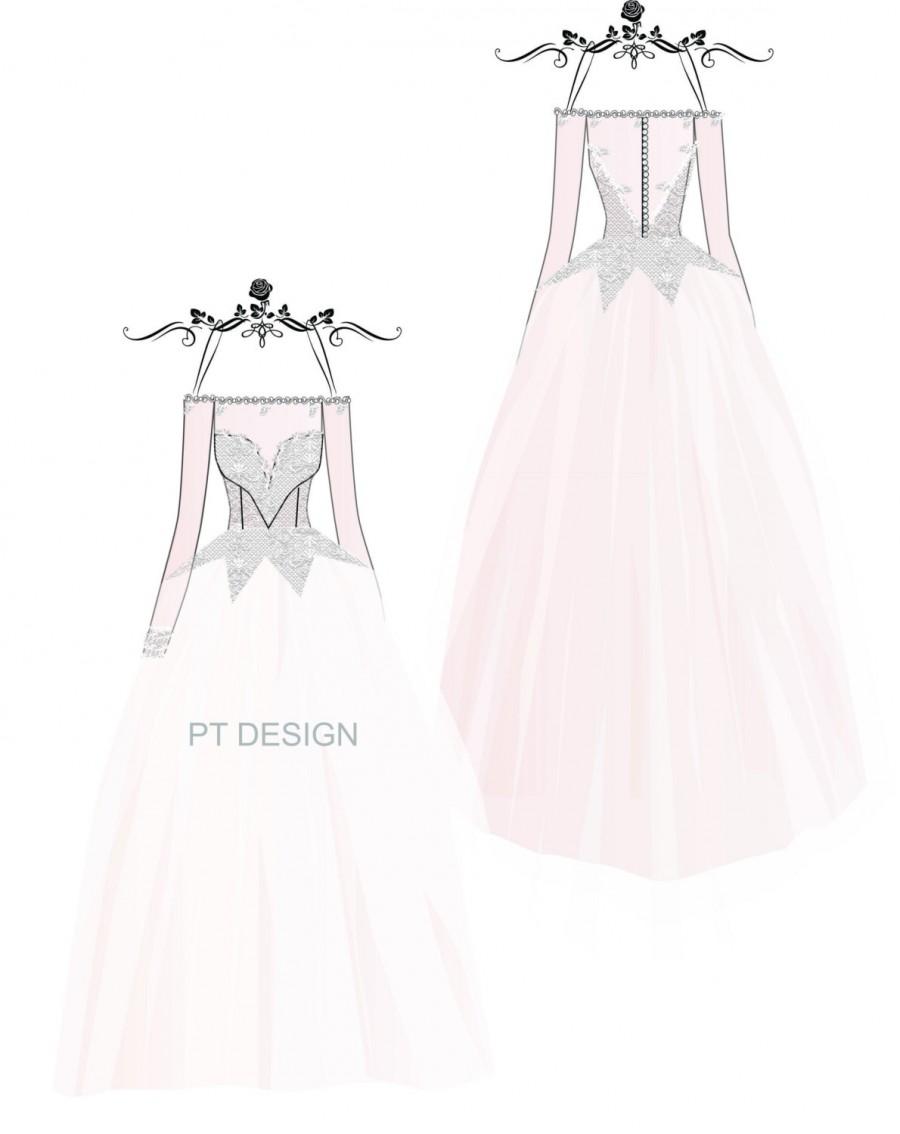 زفاف - Custom Weddng Gown Sketch- Long Sleeve Bridal Ball Gown