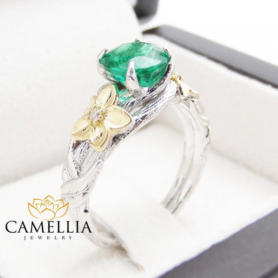 زفاف - Unique Emerald Engagement Ring 14K White Gold Twig Engagement Ring Natural Emerald Ring