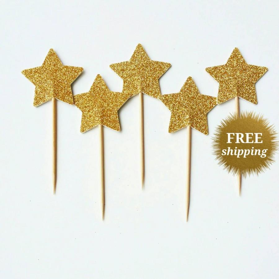 Wedding - Gold Glitter Star Cupcake Toppers Gold Cupcake Star Party Picks Glitter Toppers