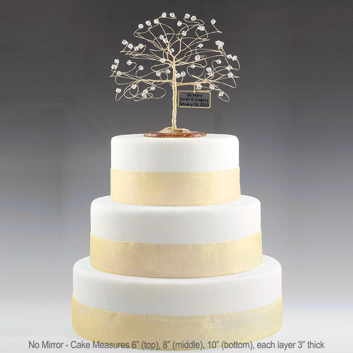 Wedding - Personalized 50th Anniversary Cake Topper Tree Gift Idea Clear Swarovski Crystal Elements on Gold 6" with Optional Mirror