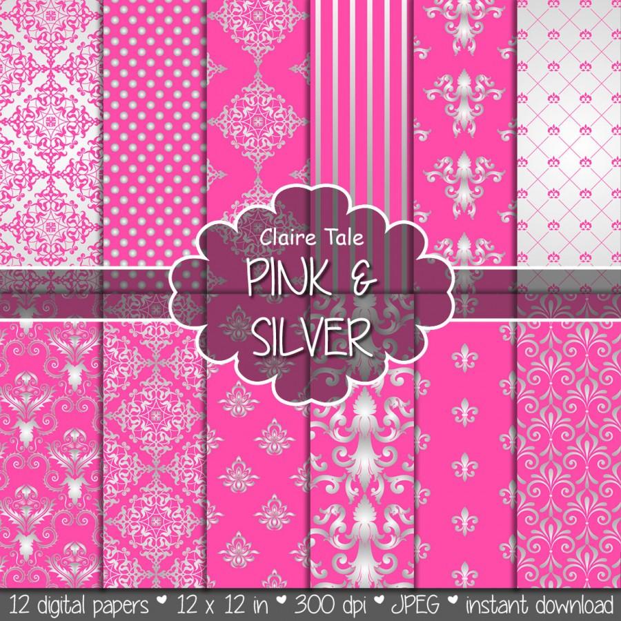 Wedding - Damask digital paper: "PINK & SILVER DAMASK" with silver and hot pink paper damask backgrounds and classical damask patterns
