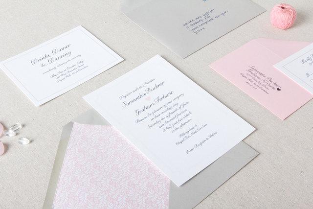 Wedding - Romantic Wedding Invitations in Pink & Grey. Spring Wedding Stationery in Grey + Pink. Pink and Gray Wedding Invites with Charming Heart.