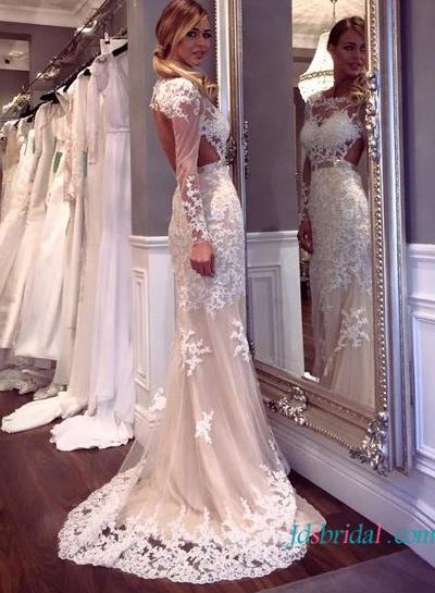 Wedding - Sexy cut out open back lace sheath wedding dress with sleeves