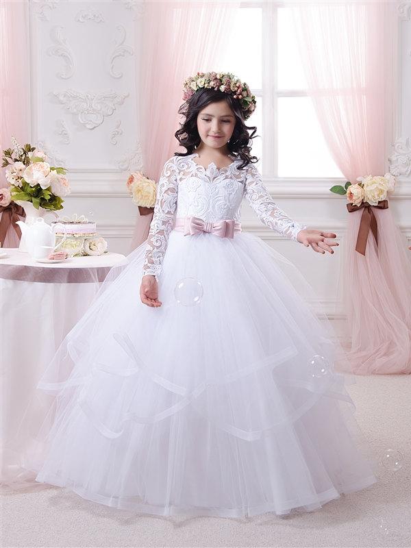 Hochzeit - Lace White Flower Girl Dress - Birthday Bridesmaid Wedding Party Holiday White Lace Tulle Flower Girl Dress