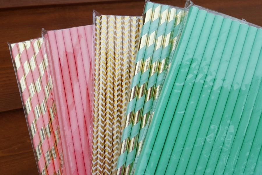 Mariage - Coral and Mint -Mint Straws -Coral Straws -Gold Foil Straws -Mint and Coral Wedding Decorations -Coral Stripe -Mint Stripe *GOLD Party