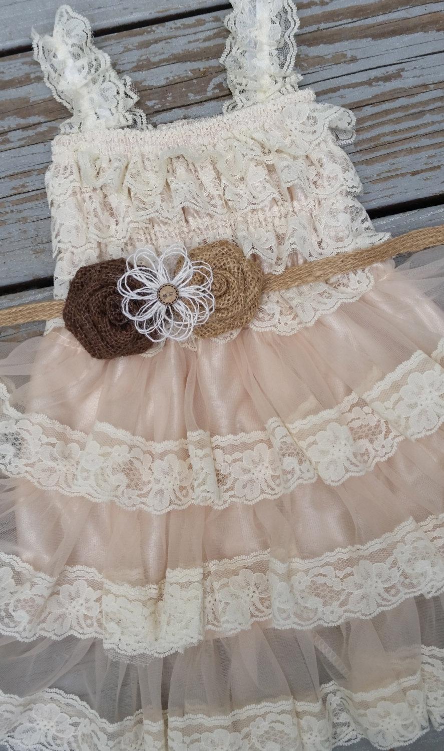 Hochzeit - Rustic Burlap Lace Flower Girl Dress-Country Flower Girl Dress-Wheat Cream Flower Girl-Country Wedding-Burlap-Brown-Burlap Rose