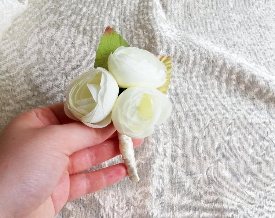Mariage - Off white pale green peonies flower wedding BOUTONNIERE custom corsage creme green satin ribbon peony