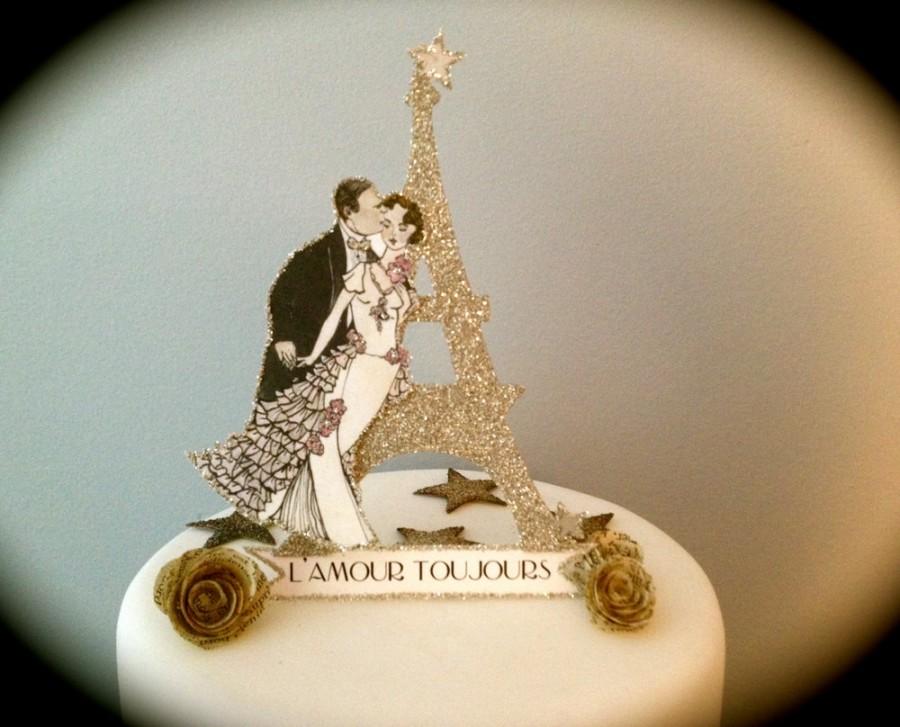 Hochzeit - Eiffel Tower Wedding Cake Topper - Custom Hand Painted - Paris - Silver Glitter 