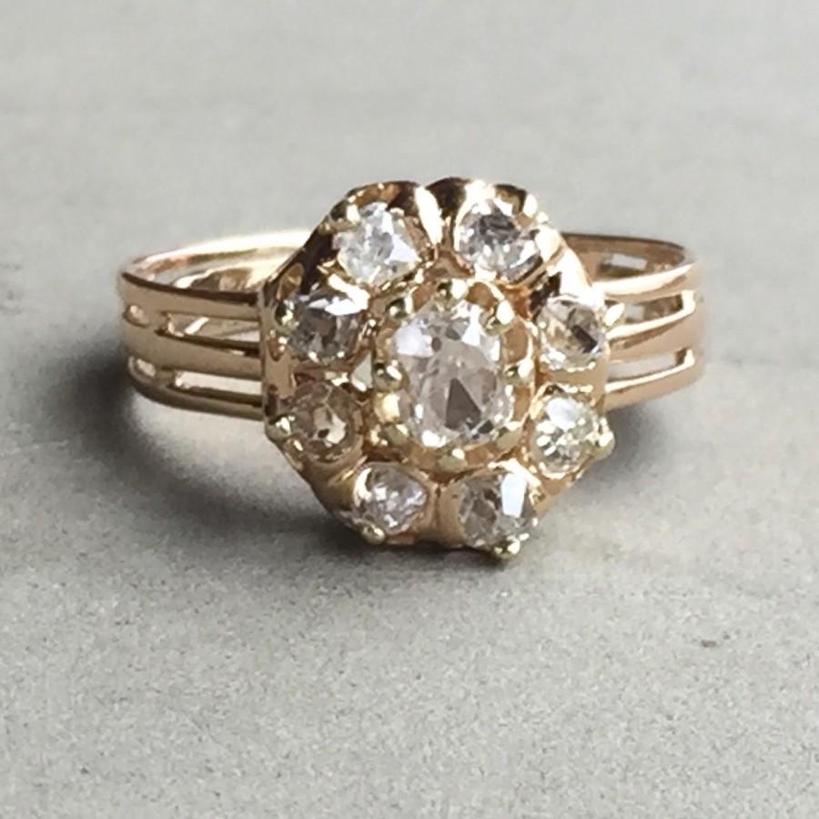 Wedding - Victorian Old Mine Cut Diamond Cluster Engagement Ring in 14Kt Yellow Gold