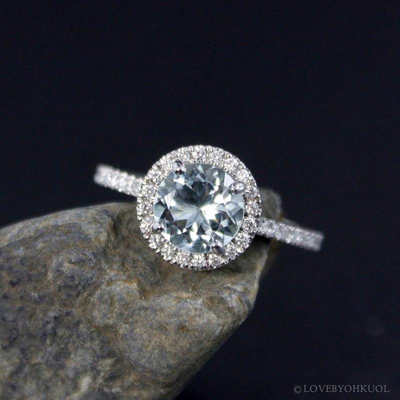 زفاف - White Diamond Aquamarine Engagement Ring – Halo Brilliant Cut – Choose Your Setting