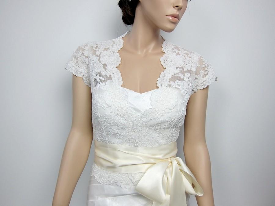 Mariage - Ivory Front open Alencon Lace bolero jacket Bridal Bolero Wedding jacket wedding bolero bridal shrug