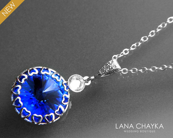 Wedding - Sapphire Rivoli Crystal Necklace Royal Blue Rhinestone Necklace Swarovski Sapphire Silver Necklace Wedding Royal Blue Jewelry Sapphire Blue