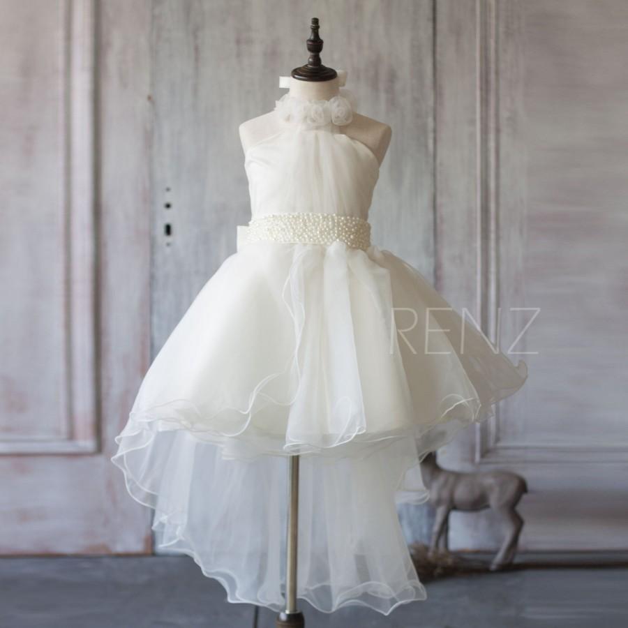 Hochzeit - 2016 Off White Junior Bridesmaid Dress, A line Asymmetric Halter Neck Flower Girl dress, High Low Beading Rosette dress knee length (GK139)