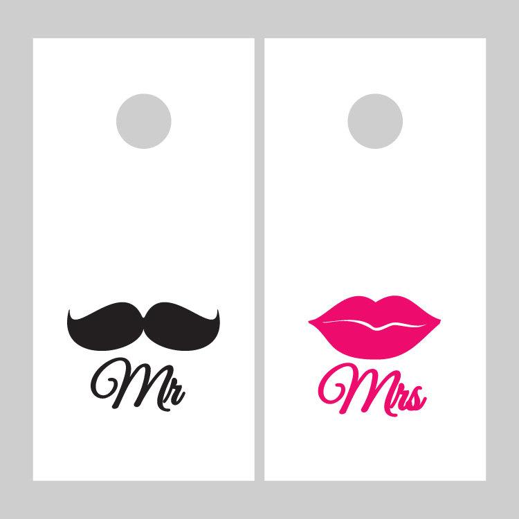 Wedding - Cornhole Decals - Mr & Mrs Cornhole Decals - Moustache and Lips Decals - Corn hole Decals - Personalized Cornhole Decals - wd1043