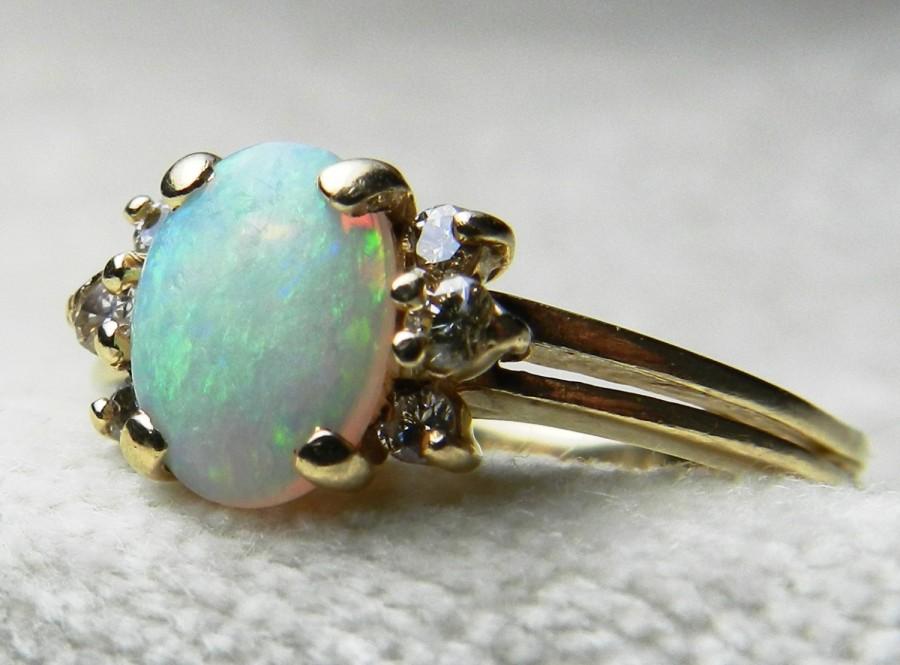 Свадьба - Opal Ring 14K Diamond Opal Engagement Ring Vintage Australian Opal Ring Unique Engagement Ring October Birthstone Libra