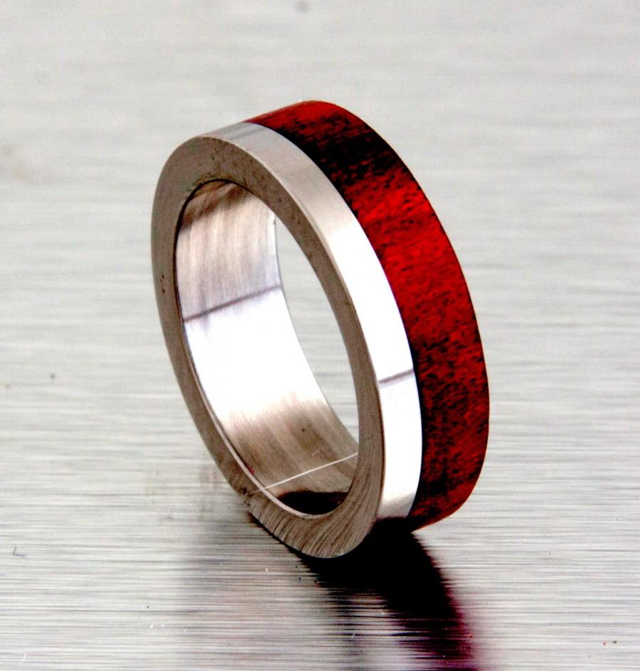 Wedding - titanium wedding ring with red heart wood inlay off set