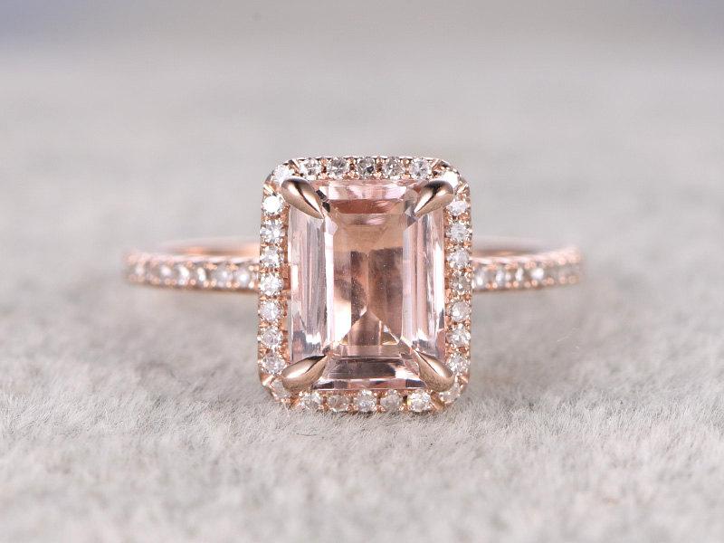 Mariage - 6x8mm Morganite Engagement ring Rose gold,Diamond wedding band,14k,Emerald Cut,Gemstone Promise Bridal Ring,Claw Prongs,Custom made setting