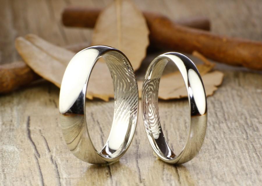 زفاف - Your Actual Finger Print Rings, His and Hers Matching White Gold Polish Wedding Bands Rings 6mm and 4mm Wide Titanium Rings Set