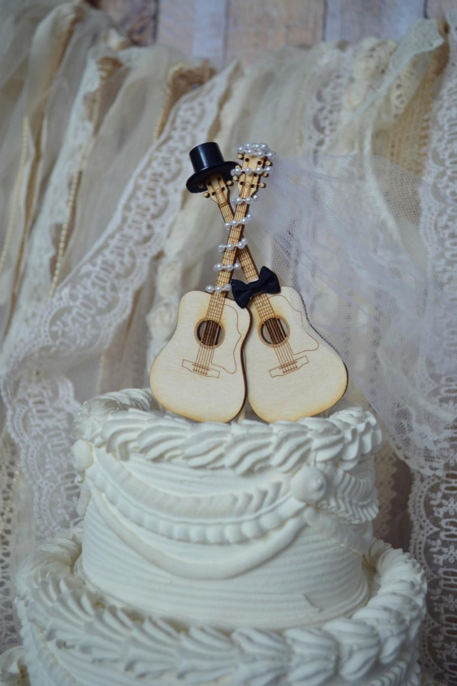 زفاف - Guitar wedding cake topper-musician-ivory veil-ivory-wedding cake topper-guitar-music-instrument-musical-guitar wedding-rock star