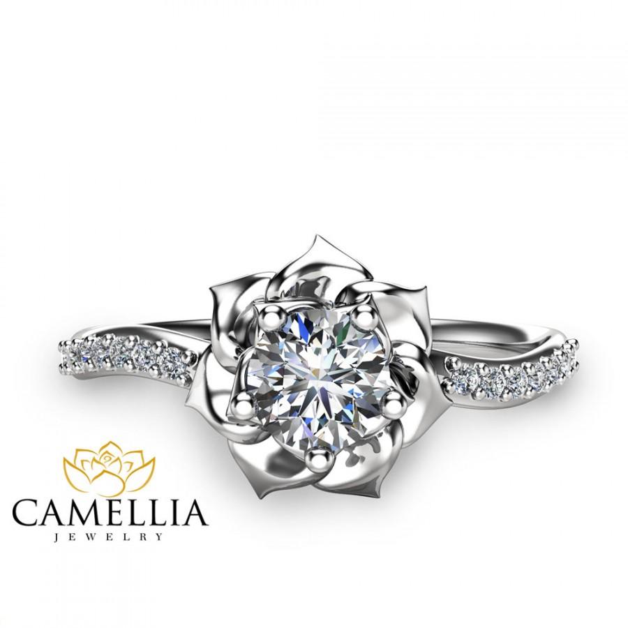 زفاف - 14K White Gold Diamond  Ring   Flower Engagement Ring Unique Diamond Ring