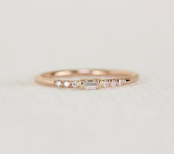 زفاف - 14k Solid Gold Thin Engagement Ring With Baguette Diamond,Simple White Diamond Engagement Ring,Elegant Dainty Stackable Ring