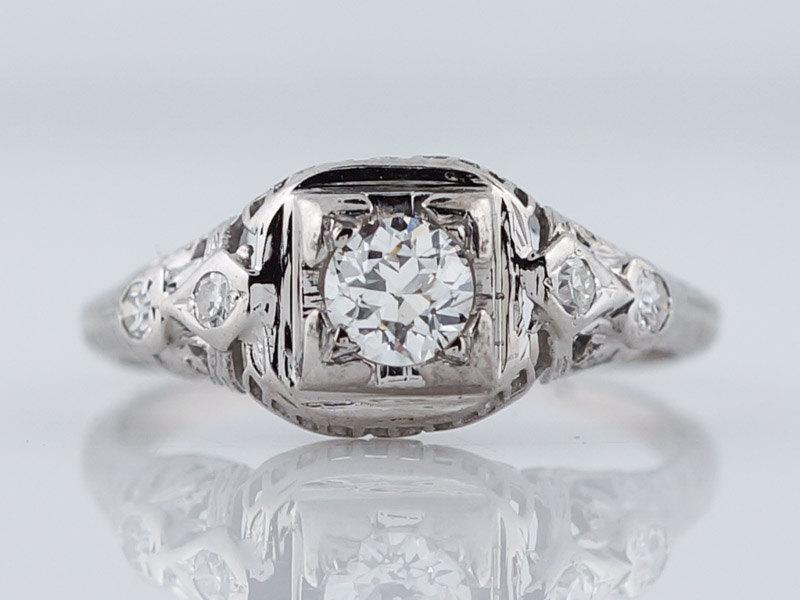 Wedding - Antique Art Deco .31ct Transitional Cut Diamond Engagement Ring in 18k White Gold