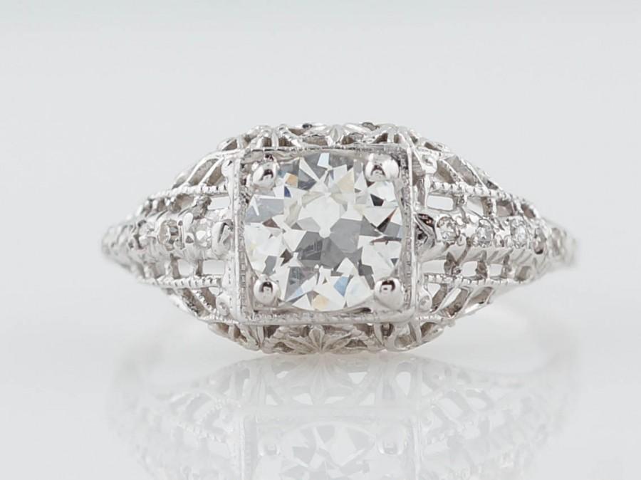 Hochzeit - Filigree Engagement Ring Antique Edwardian Art Deco .79ct Old European Cut Diamond in 18k White Gold